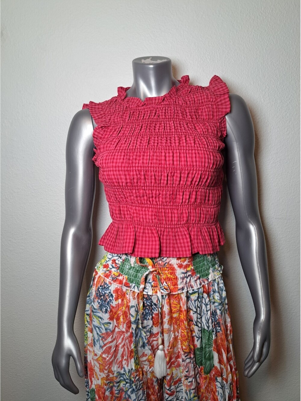 Talulah  Gingham Ruffle Sleeve Hot Pink Ruched Blouse Womens Sz S NWT Stretch